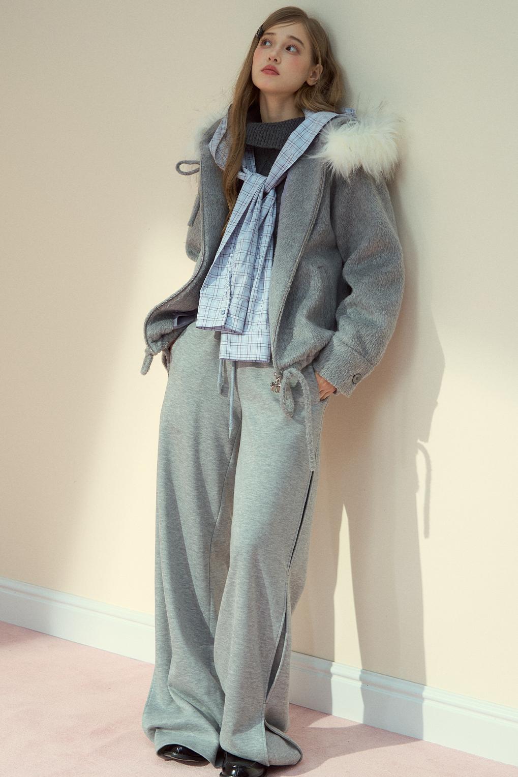 Gray Pink Wool Fur Collar Jacket