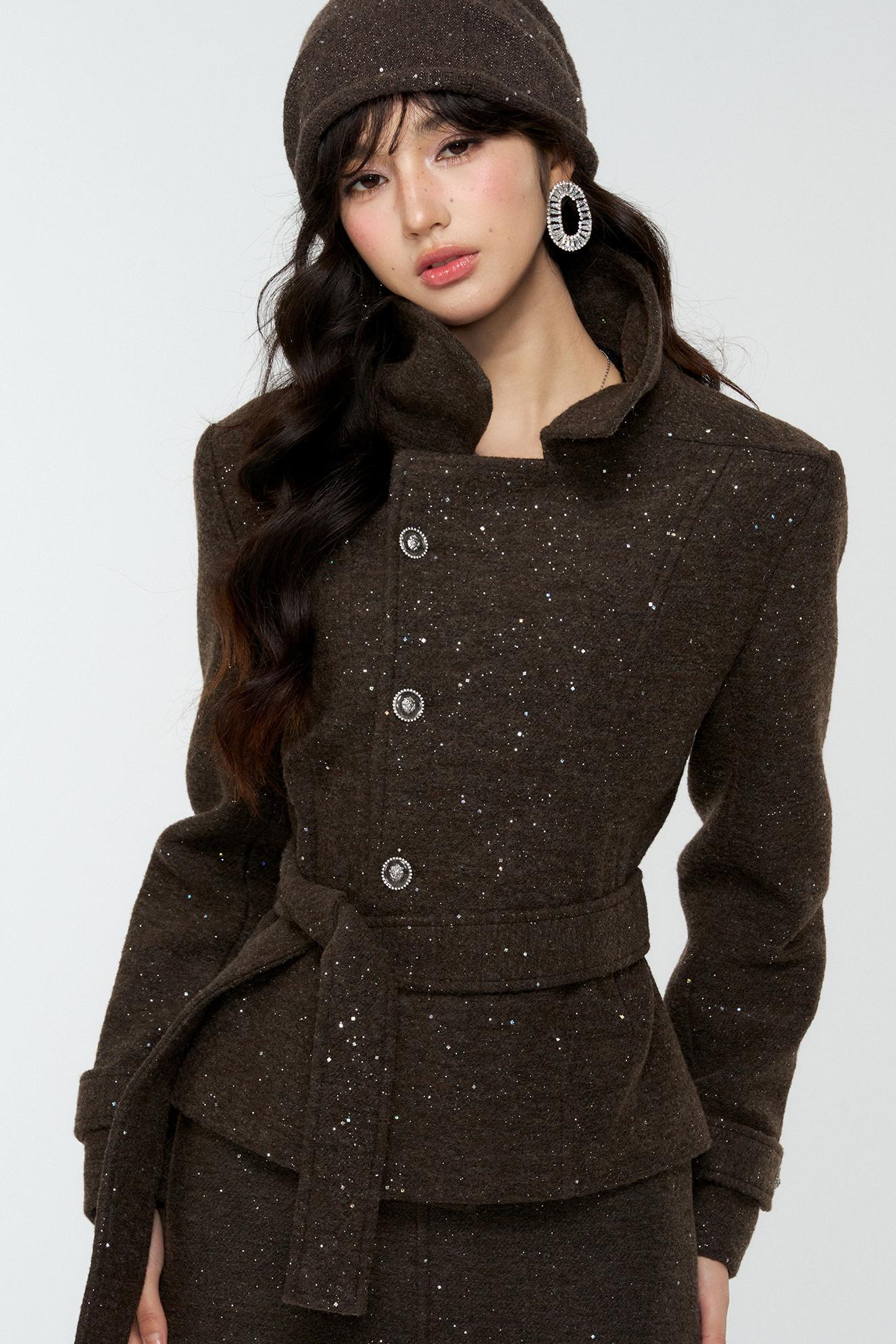 Dark Brown Tweed Jacket And Skirt Set-Up