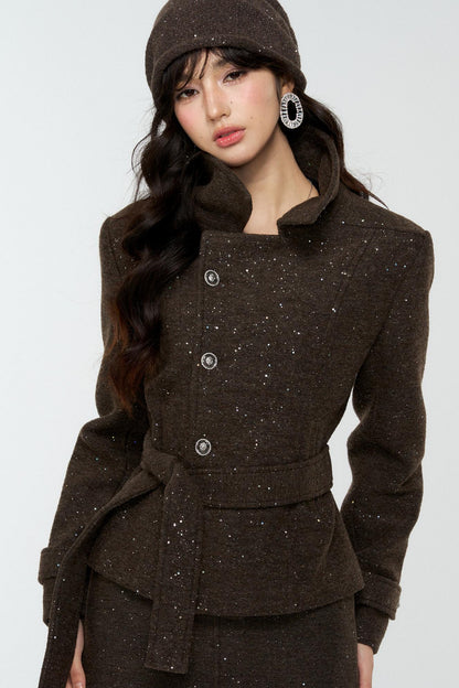 Dark Brown Tweed Jacket And Skirt Set-Up