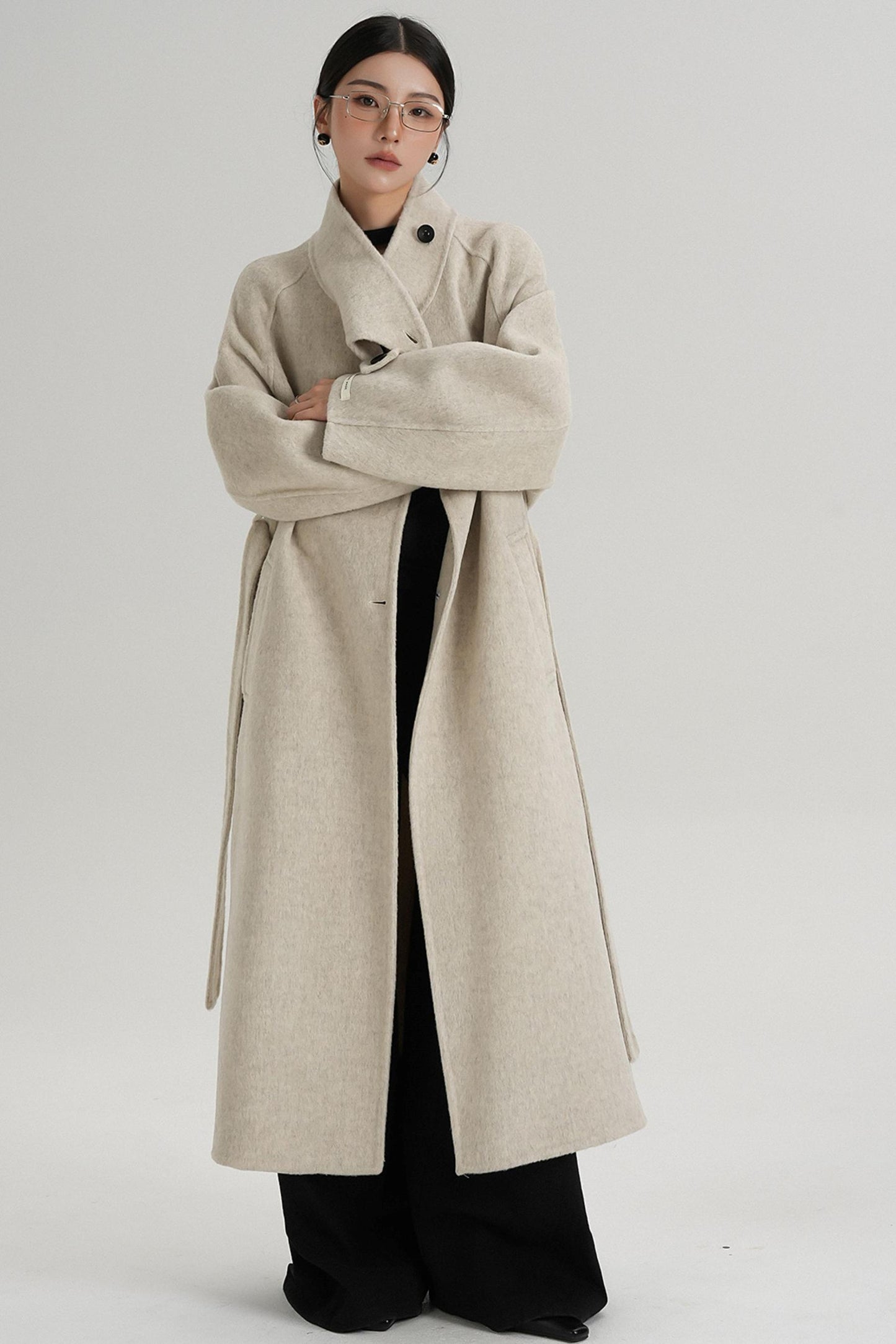 Temperament Diagonal Buckle Wool Coat
