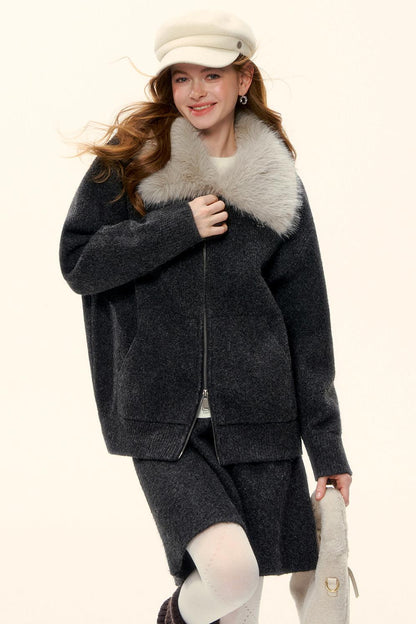 Wool Fur Collar Knit Jacket Set-Up