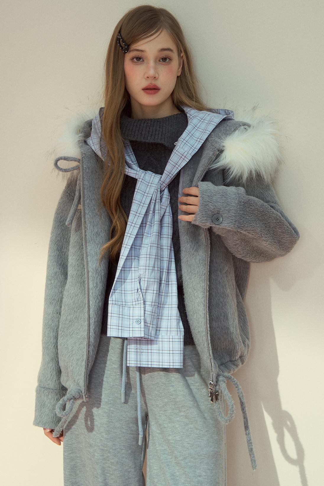 Gray Pink Wool Fur Collar Jacket