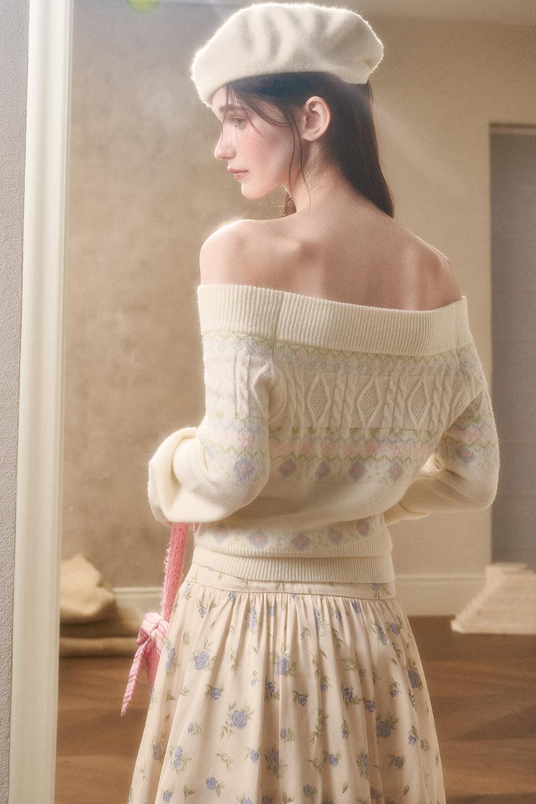 Waxy Cotton Sweater And Floral Skirt Set-Up