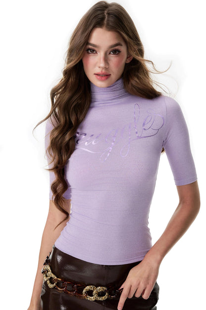 French Base Embroidery High-Collar Silver T-Shirt