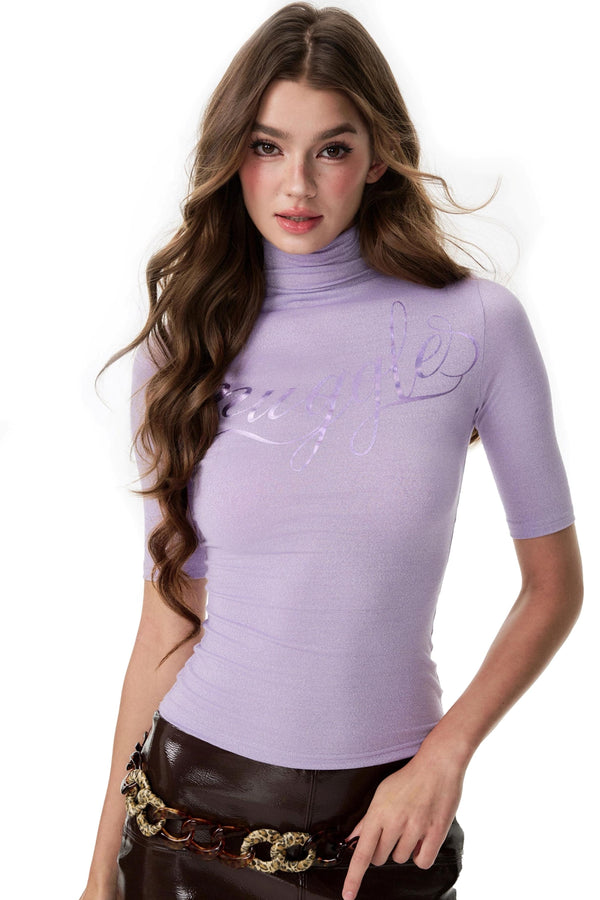 French Base Embroidery High-Collar Silver T-Shirt