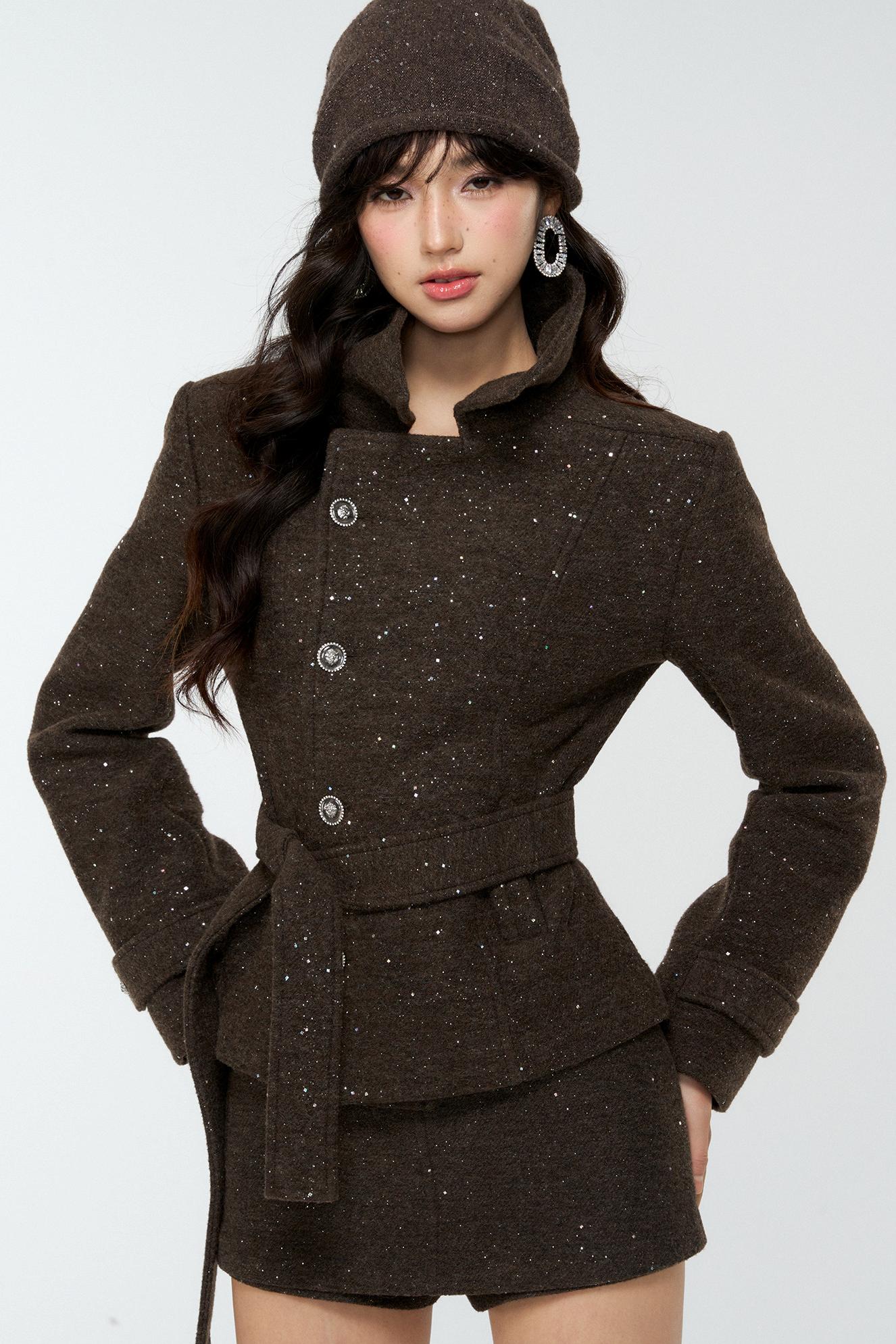 Dark Brown Tweed Jacket And Skirt Set-Up