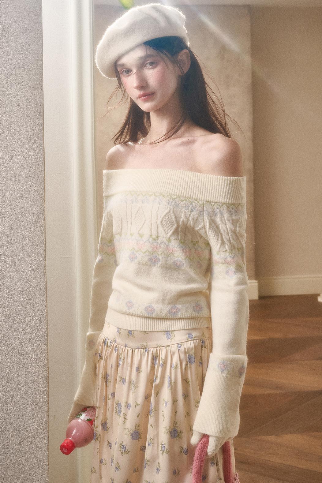 Waxy Cotton Sweater And Floral Skirt Set-Up