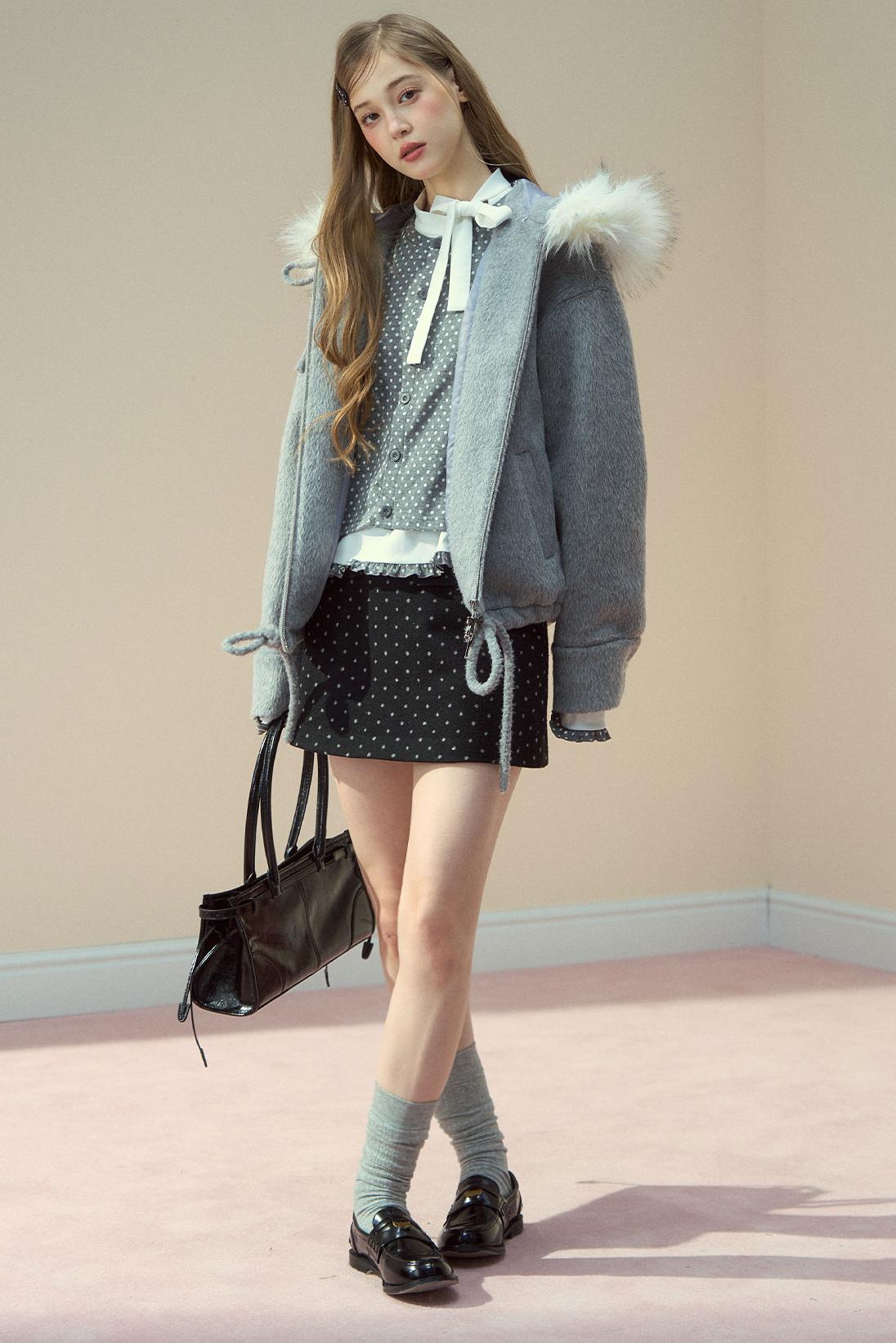 Gray Pink Wool Fur Collar Jacket