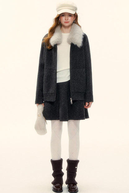 Wool Fur Collar Knit Jacket Set-Up