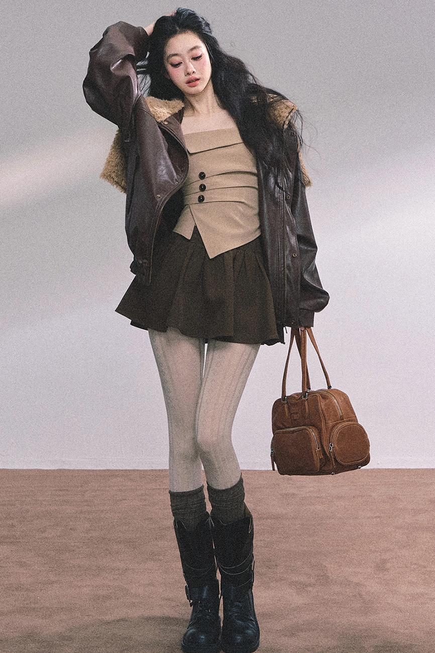 Autumn Navy Lambswool Leather Jacket