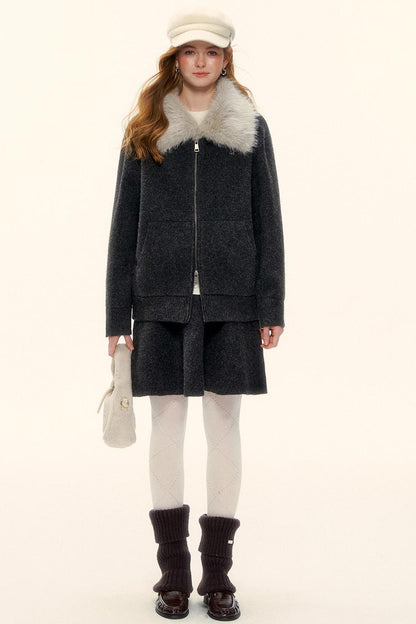 Wool Fur Collar Knit Jacket Set-Up