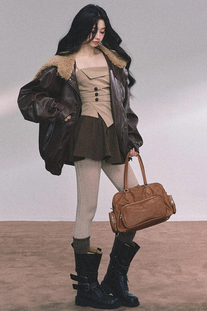 Autumn Navy Lambswool Leather Jacket