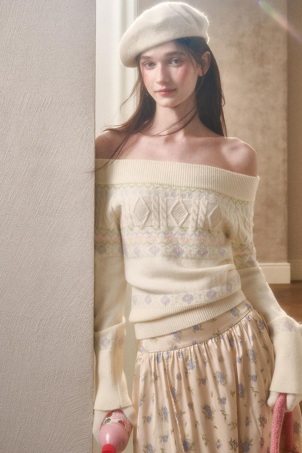 Waxy Cotton Sweater And Floral Skirt Set-Up