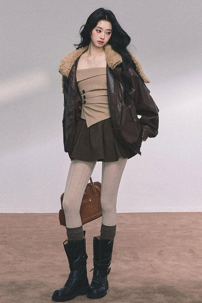 Autumn Navy Lambswool Leather Jacket