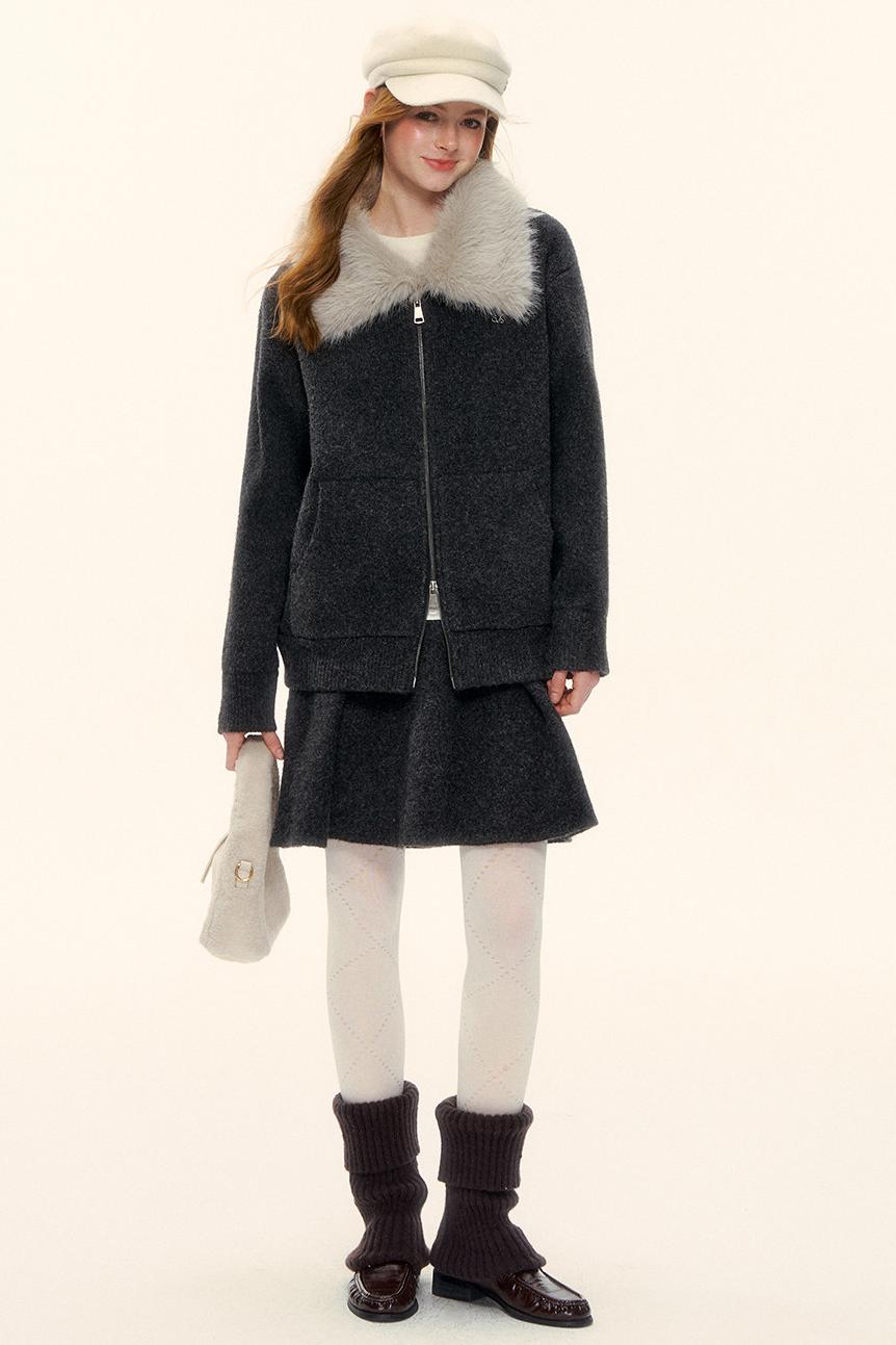 Wool Fur Collar Knit Jacket Set-Up