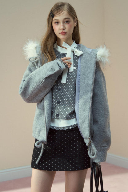 Gray Pink Wool Fur Collar Jacket