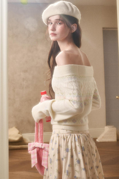 Waxy Cotton Sweater And Floral Skirt Set-Up