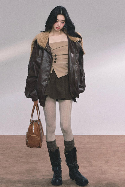 Autumn Navy Lambswool Leather Jacket