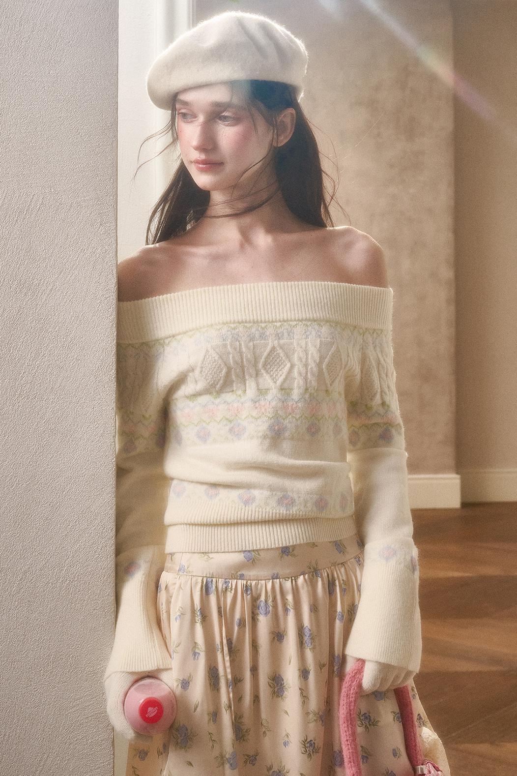 Waxy Cotton Sweater And Floral Skirt Set-Up