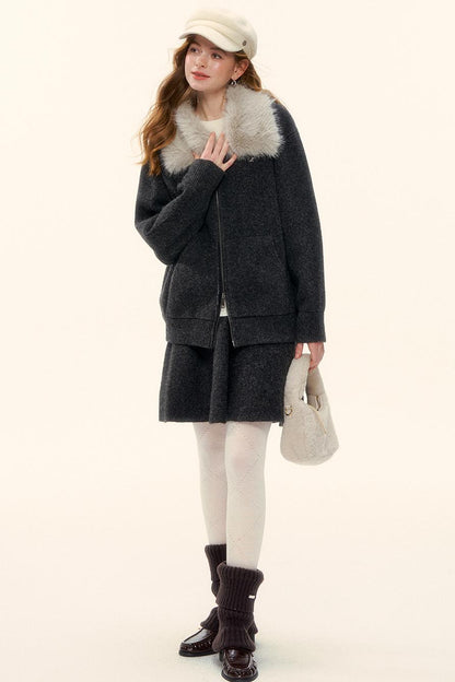 Wool Fur Collar Knit Jacket Set-Up