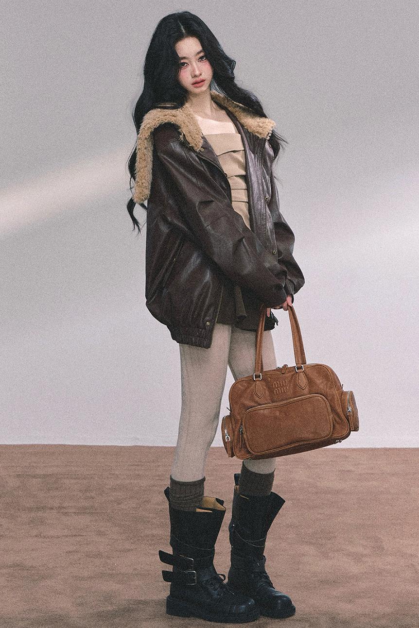 Autumn Navy Lambswool Leather Jacket