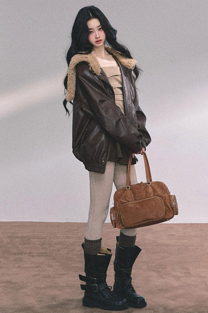 Autumn Navy Lambswool Leather Jacket