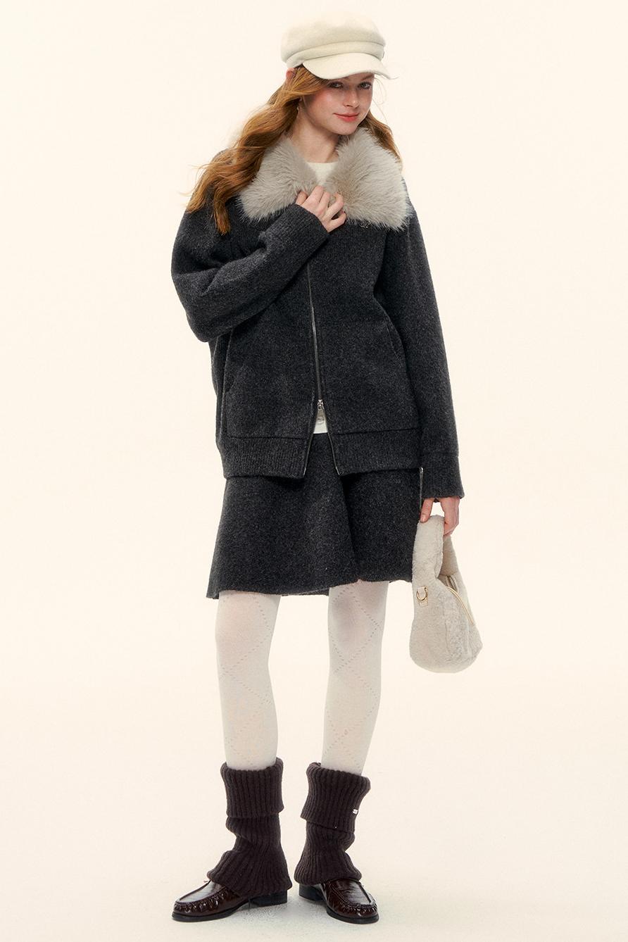 Wool Fur Collar Knit Jacket Set-Up