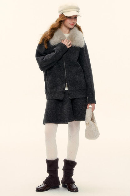 Wool Fur Collar Knit Jacket Set-Up