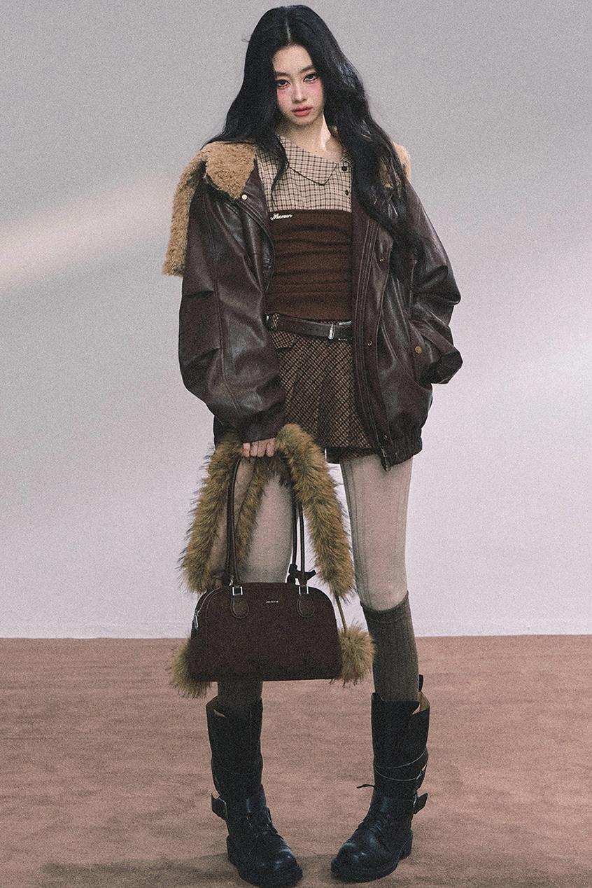 Autumn Navy Lambswool Leather Jacket