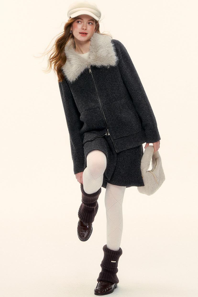Wool Fur Collar Knit Jacket Set-Up