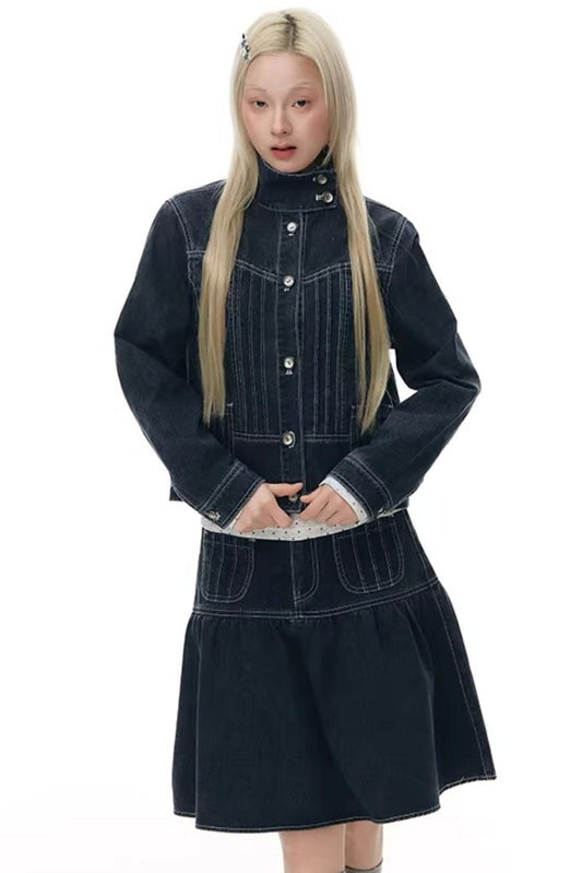 Pleated Split Denim Matching Set