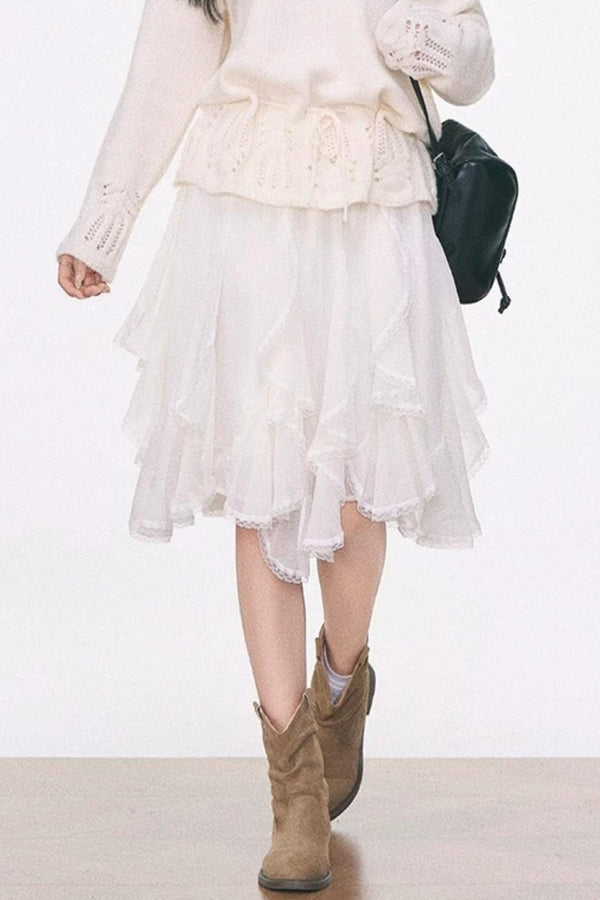 Off-Shoulder Lace-Up Sweater And Ruffled Skirt Set-Up