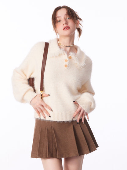 Lazy fringe polo collar sweater