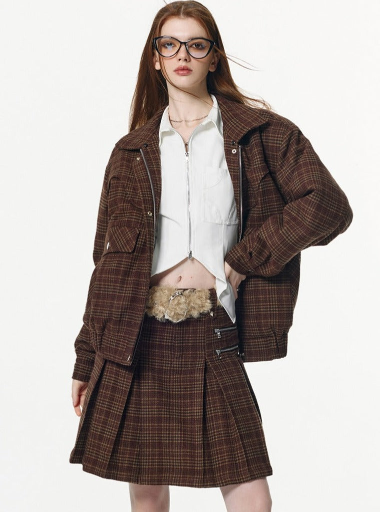 Thickened plaid short  Coat With Skirt Set