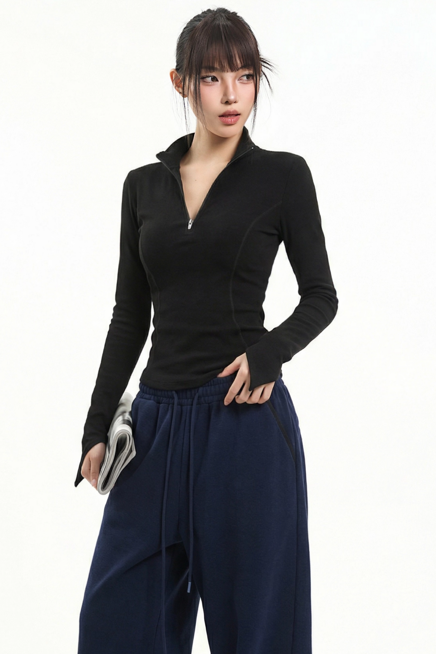 Retro Black Stand-Up Collar Top