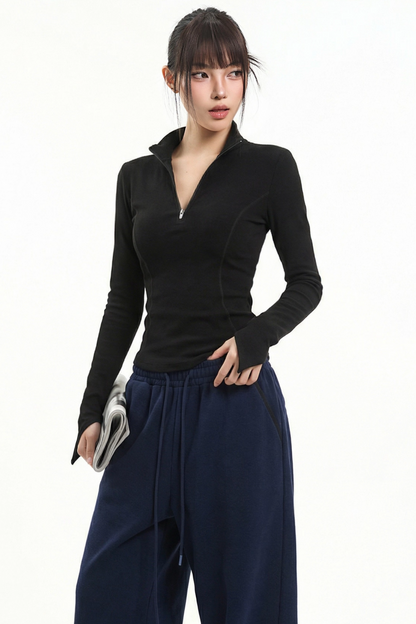 Retro Black Stand-Up Collar Top