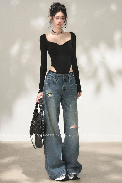 Lace Distressed Wide-Leg Jeans