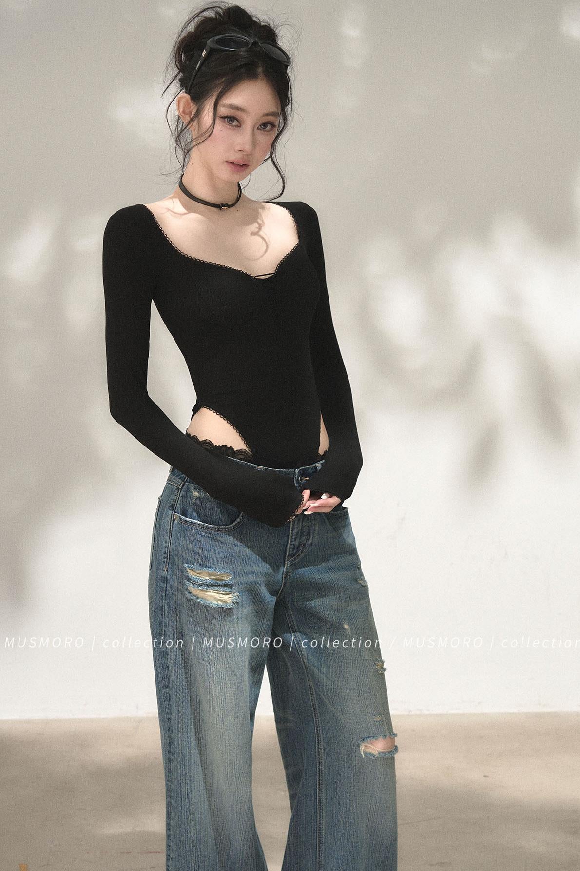 Lace Trim Long Sleeve Bodysuit