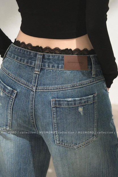 Lace Distressed Wide-Leg Jeans
