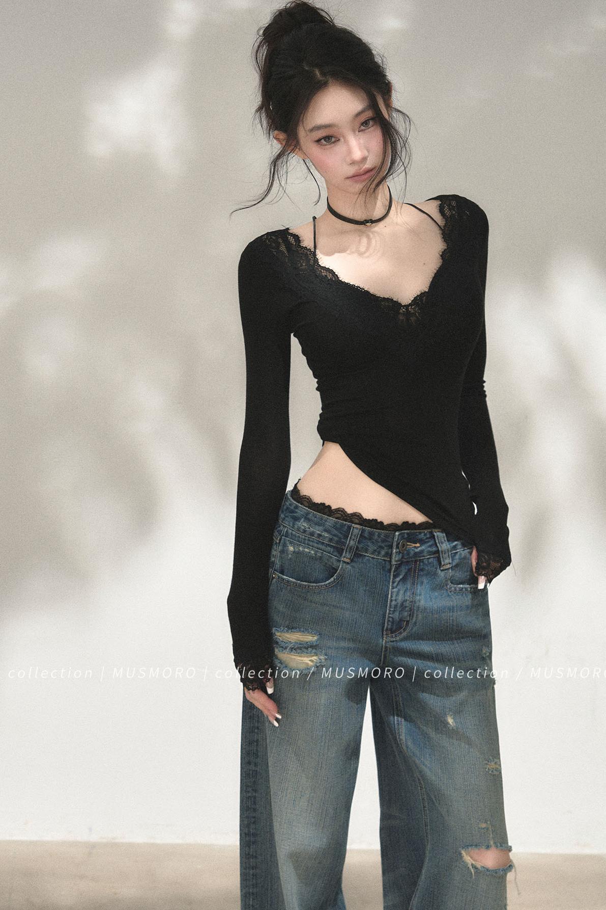 Lace Distressed Wide-Leg Jeans