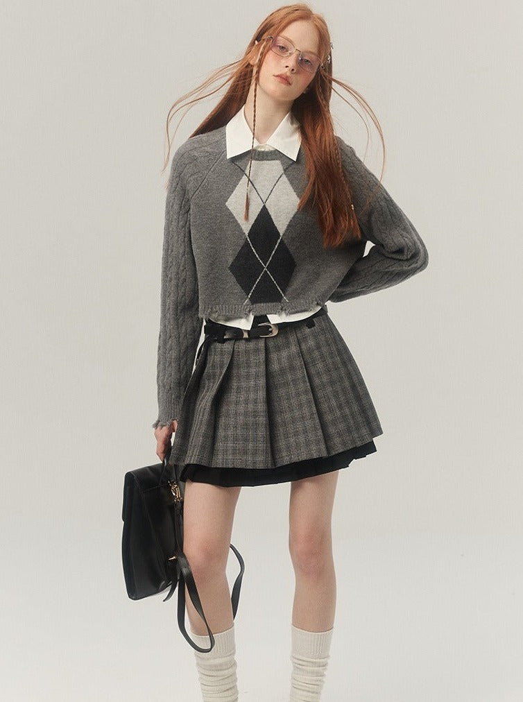 Diamond Checkered Knit Tops