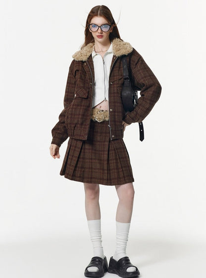 Thickened plaid short  Coat With Skirt Set