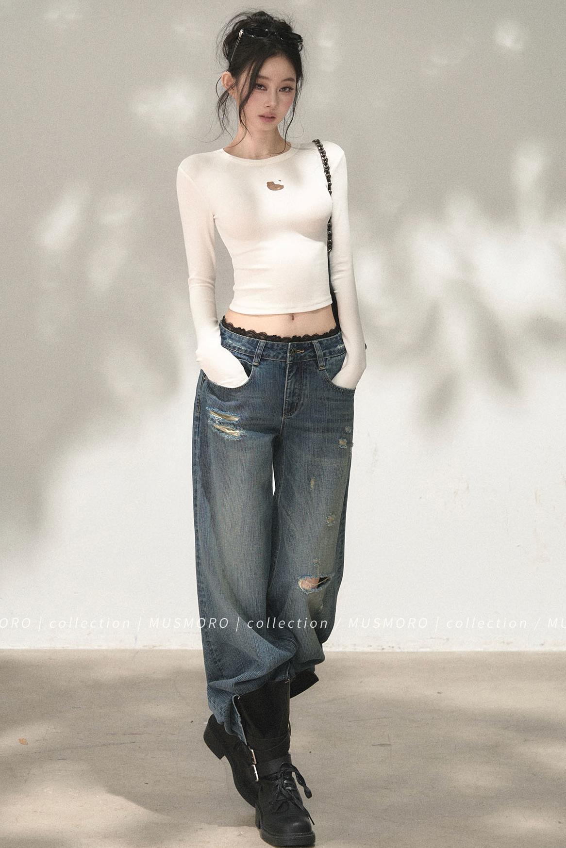 Lace Distressed Wide-Leg Jeans