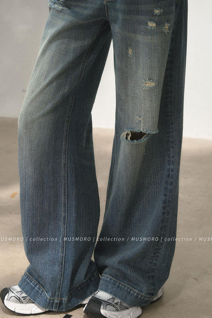 Lace Distressed Wide-Leg Jeans
