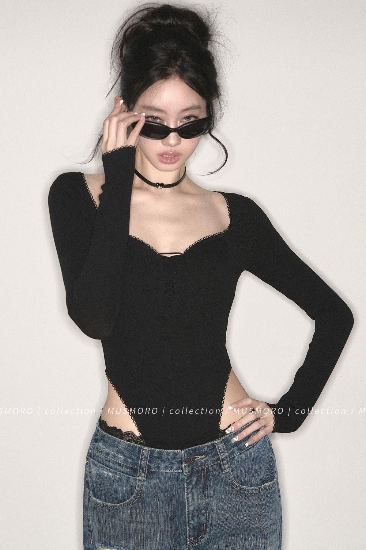 Lace Trim Long Sleeve Bodysuit