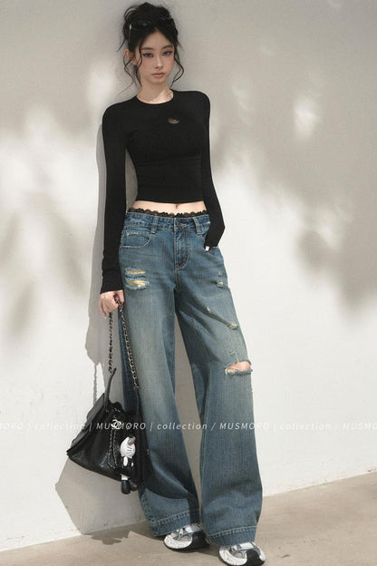 Lace Distressed Wide-Leg Jeans