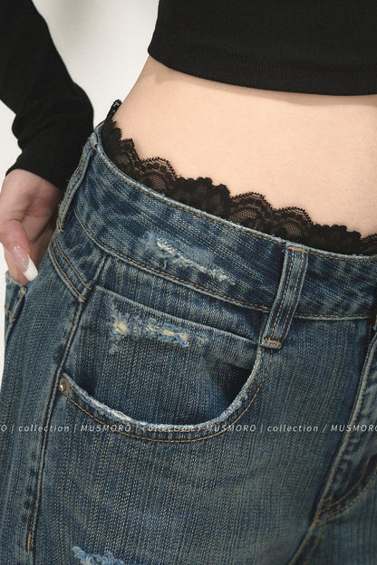 Lace Distressed Wide-Leg Jeans