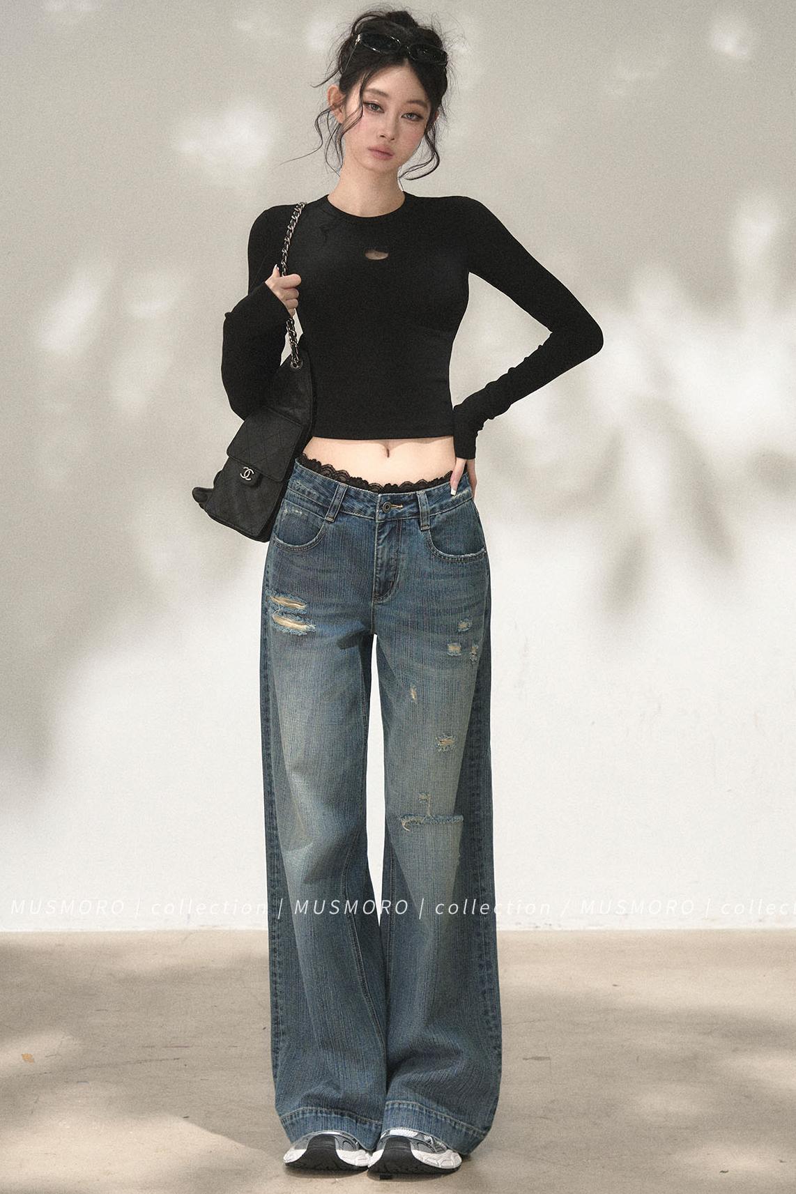 Lace Distressed Wide-Leg Jeans