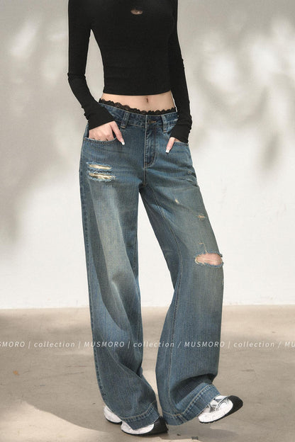Lace Distressed Wide-Leg Jeans