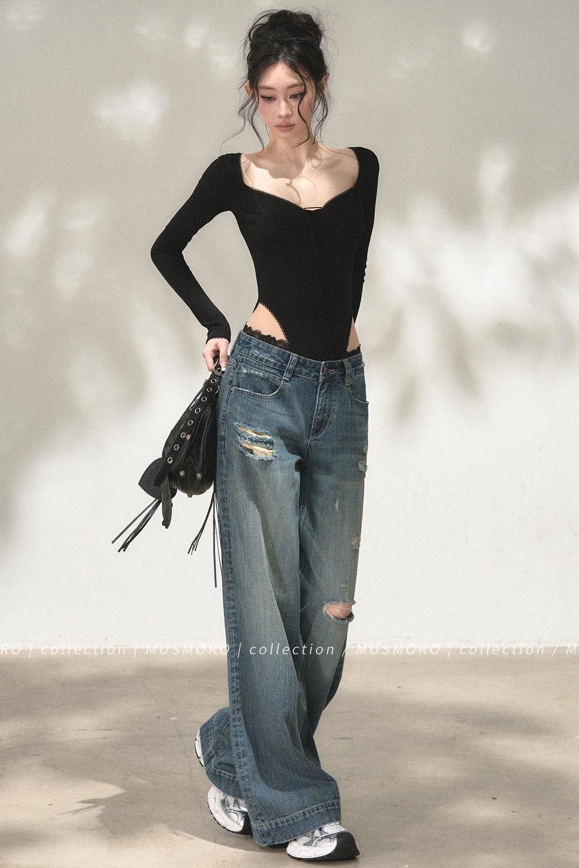 Lace Distressed Wide-Leg Jeans